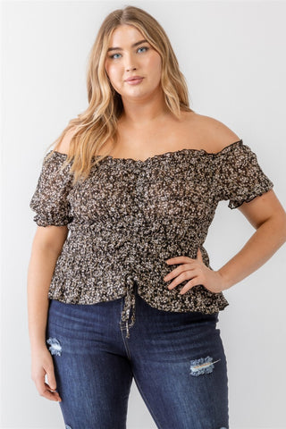 Zenobia Plus Size Frill Ruched Off-Shoulder Short Sleeve Blouse