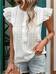 Lace Detail Eyelet Ruffle Cap Sleeve Blouse