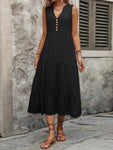 Decorative Button Notched Sleeveless Dress