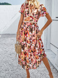 Printed V-Neck Flutter Sleeve Midi Dress