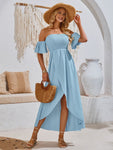 High-Low Smocked Short Sleeve Midi Dress