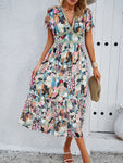 Printed V-Neck Flutter Sleeve Midi Dress