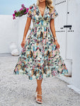 Printed V-Neck Flutter Sleeve Midi Dress