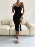 Spaghetti Strap Surplice Neck Slit Dress