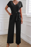 Tie Waist V-Neck Short Sleeve Jumpsuit