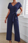 Tie Waist V-Neck Short Sleeve Jumpsuit