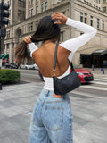 Backless Round Neck Long Sleeve Blouse
