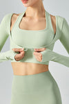 Ribbed Faux Layered Halter Neck Cropped Sports Top