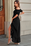 Off-Shoulder Drawstring Waist Ruffled High-Low Dress