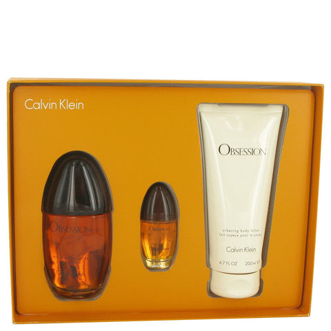 Obsession by Calvin Klein Gift Set -- 3.4 oz Eau De Parfum Spray + 6.7 oz Body Lotion + .5 oz Mini EDP Spray for Women