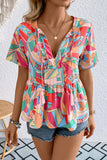 Printed Tie Neck Short Sleeve Blouse