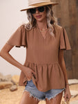 Ribbed Flutter Sleeve Notched Peplum Blouse